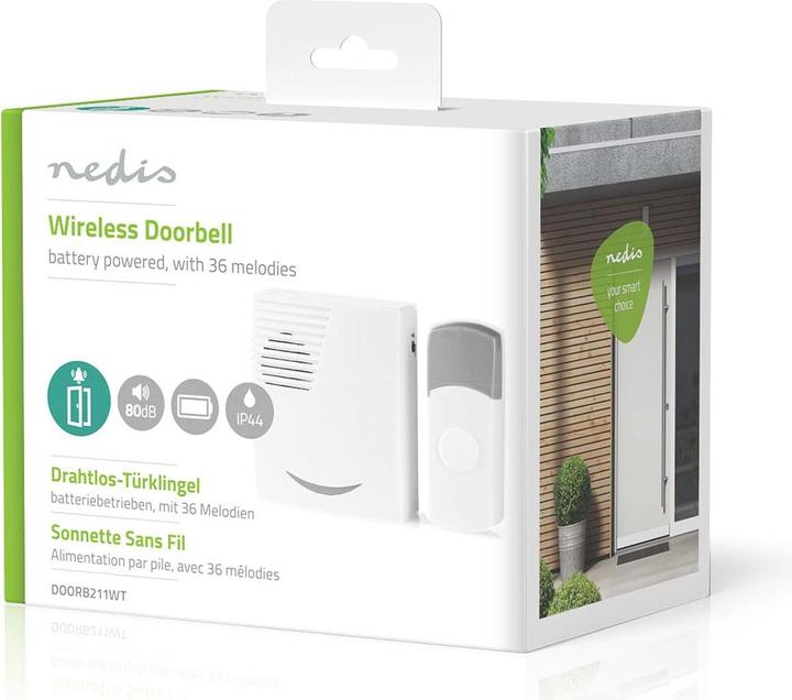 Actual product image Nedis DOORB211WT Radio Bell Set Battery Operated 3V DC 2X AA 1x CR2032 Batteries Included Loudness (Funk)