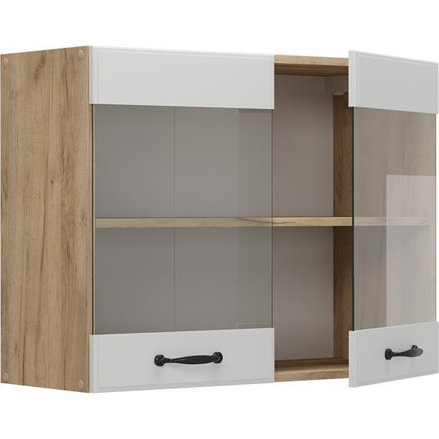 Vicco, Regal, Küchenglashängeschrank R-Line, Weiss Landhaus/Goldkraft Eiche, 80 cm (80 x 60 x 31 cm)
