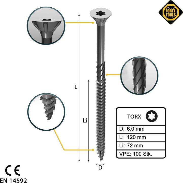 Produktbild Forte tools CHIPBOARD SCR T30 6.0X120/72 WHIT ZN(100 (100 Schrauben pro Stück)