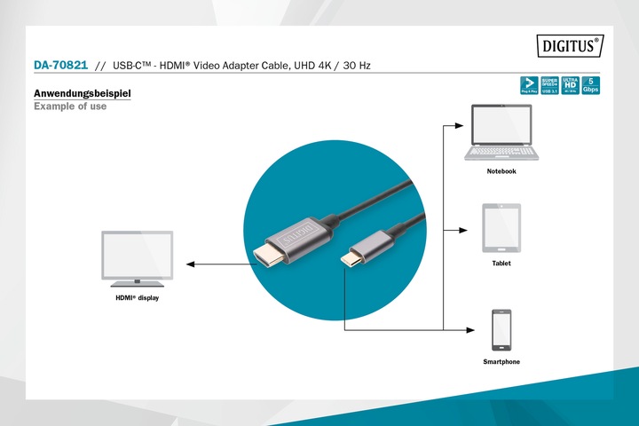 Produktbild Digitus USB Typ C — HDMI (Typ A) (1.80 m, USB Typ C)