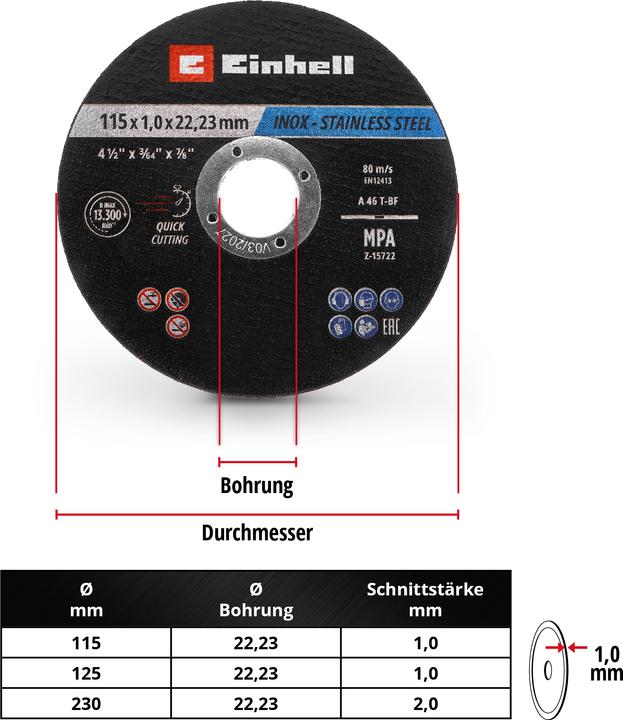 Image du produit Einhell Trennscheiben, 711525, 115x1,0 mm, 10 Stück