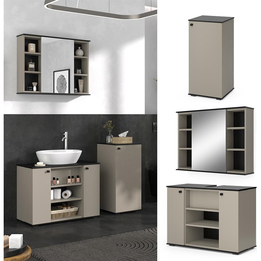Thumbnail - Vicco, Badmöbelset, Badmöbel-Set Joli, Greige/Schwarz, 3 Teile, mit Midischrank