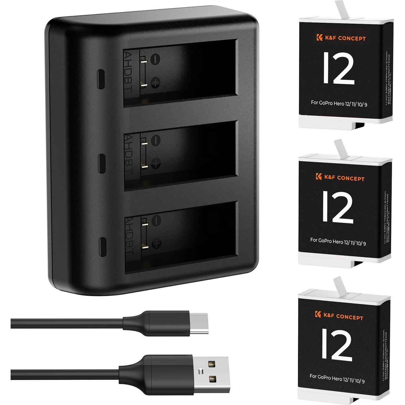 K&F Concept Batteria da 1730mAh per fotocamera digitale con caricatore a LED a tre slot, per GoPro Hero, Accessori action cam