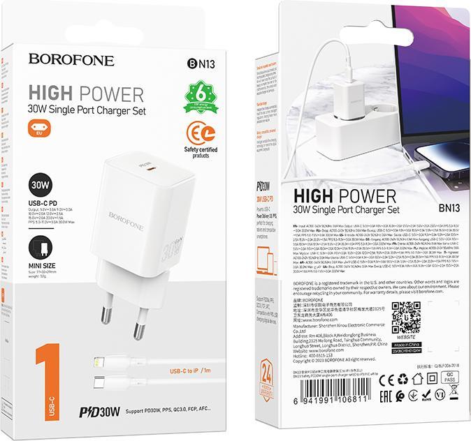 Immagine prodotto Borofone Netzladegerät BN13 Safety GaN - Typ C - PD 30W mit Typ C auf Lightning Kabel weiss (30 W)