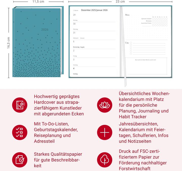 Immagine prodotto Kalenderbuch A6 blau 2026 (A6, 1 settimana / 2 pagine)