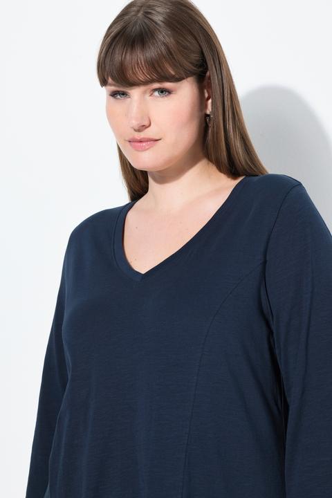Image du produit Ulla Popken T-shirt, finition en pointe, col en V, manches 3/4, coton bio (58)
