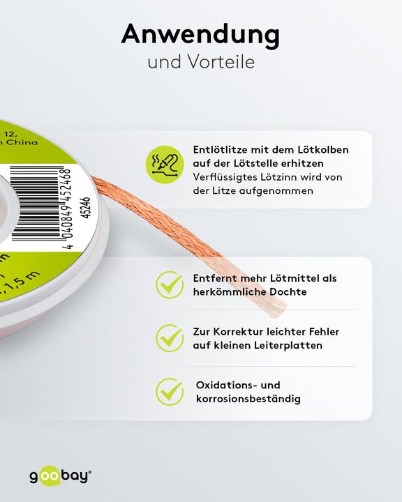 Image du produit Goobay Tresse à dessouder 2 mm pour enlever l'étain de soudure aux points de soudure 1,5 m (tresses à dessouder)