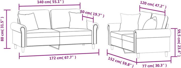 Produktbild vidaXL Sofagarnitur Kissen Sessel Sofa Couch Designsofa 2-tlg. Weinrot Samt (2-Sitzer)