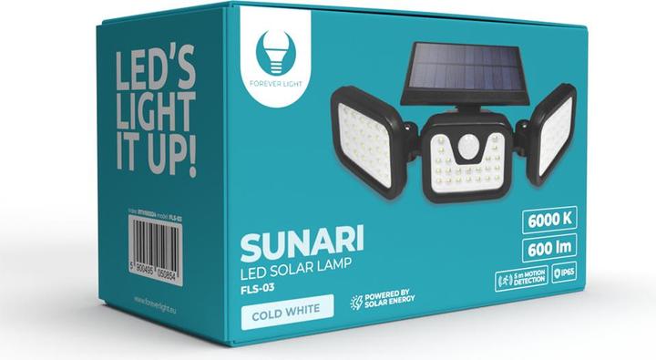 Produktbild Forever Light SUNARI Solarlampe LED FLS-03 74*SMD PIR 8W 600lm 6000K 2400mAh Li-Ion (600 lm, IP65)