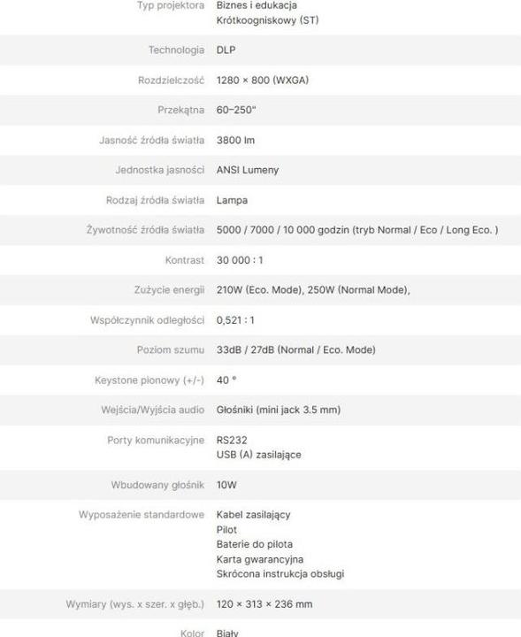Valori nutrizionali e ingredienti vivitek Projektor krĂłtkoogniskowy DW355ST (WXGA, 3800 lm)