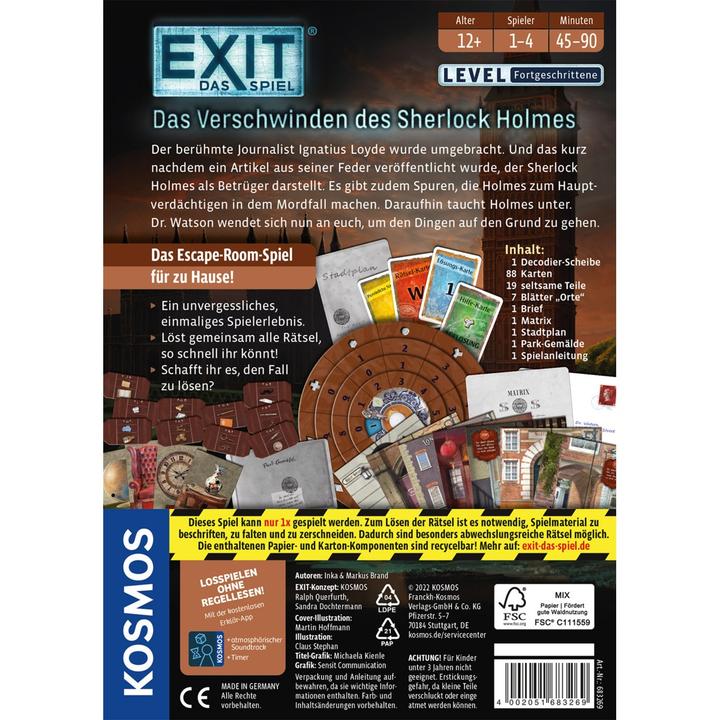 Produktbild Kosmos EXIT - Das Verschwinden des Sherlock Holmes (Deutsch, 1 - 4 Spieler)