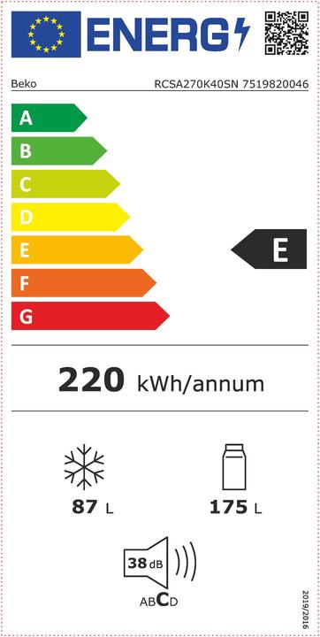 Label énergétique Beko Lodówka RCSA270K40SN (262 l)
