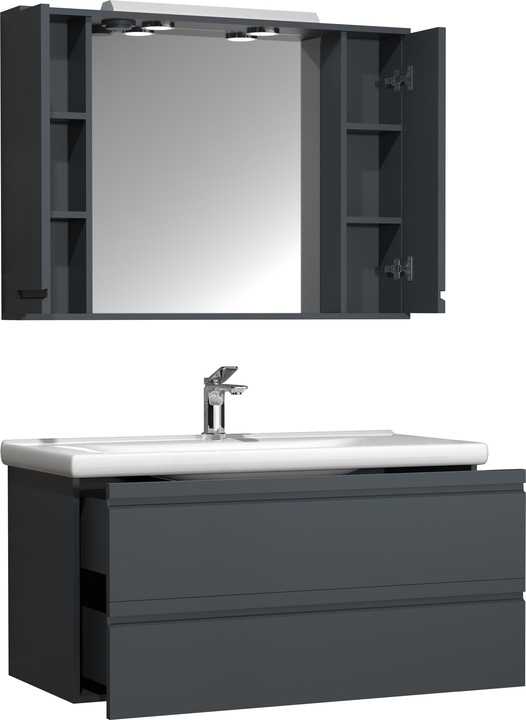 Produktbild VCM 3-tlg. Waschplatz Waschtisch 100 cm Badmöbel Set Waschbecken grifflose Schublade Spiegelschrank