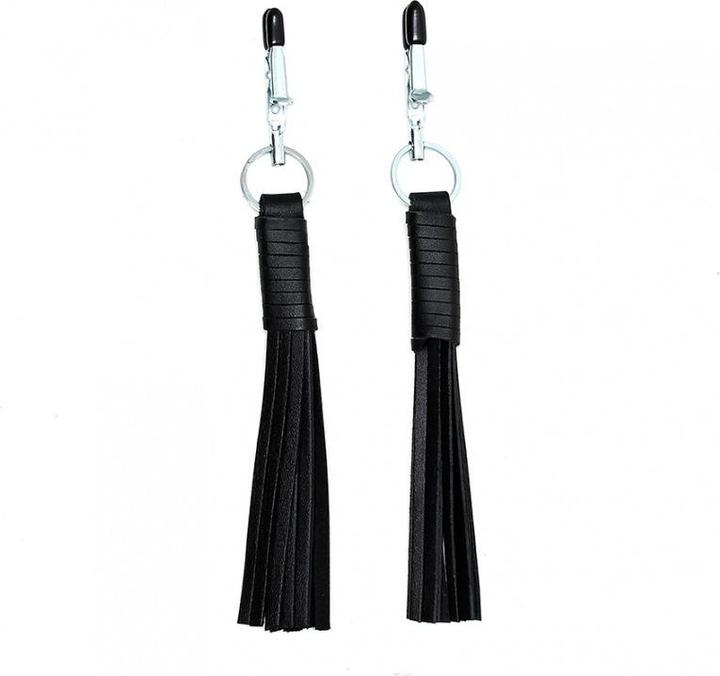 Immagine prodotto Rimba Pinze per capezzoli Bondage Play con nappina / frusta in pelle nera