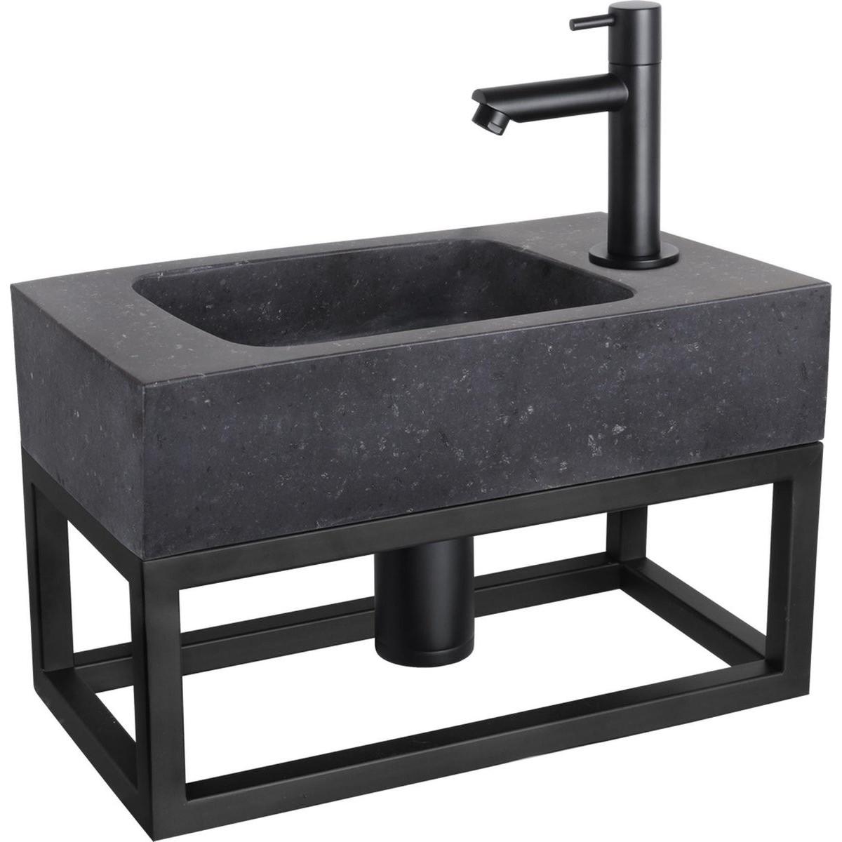 Differnz, Set mobili da bagno, Fonteinset - Wasbak Natuursteen Bombai Black - Antraciet - Rechte Kraan - Mat Zwart - Standaard Gree