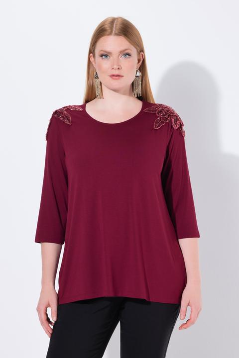 Image du produit Ulla Popken T-shirt avec fleurs en paillettes sequins, décolleté rond et manches 3/4, coupe évasée (50, 52)