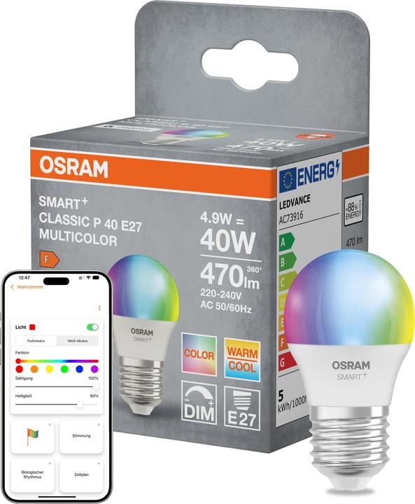 Produktbild Osram SMART+ MATTER Classic P40 4.9W 827...865 Multicolor E27 SINGLE PACK (E27, 470 lm, 4x)