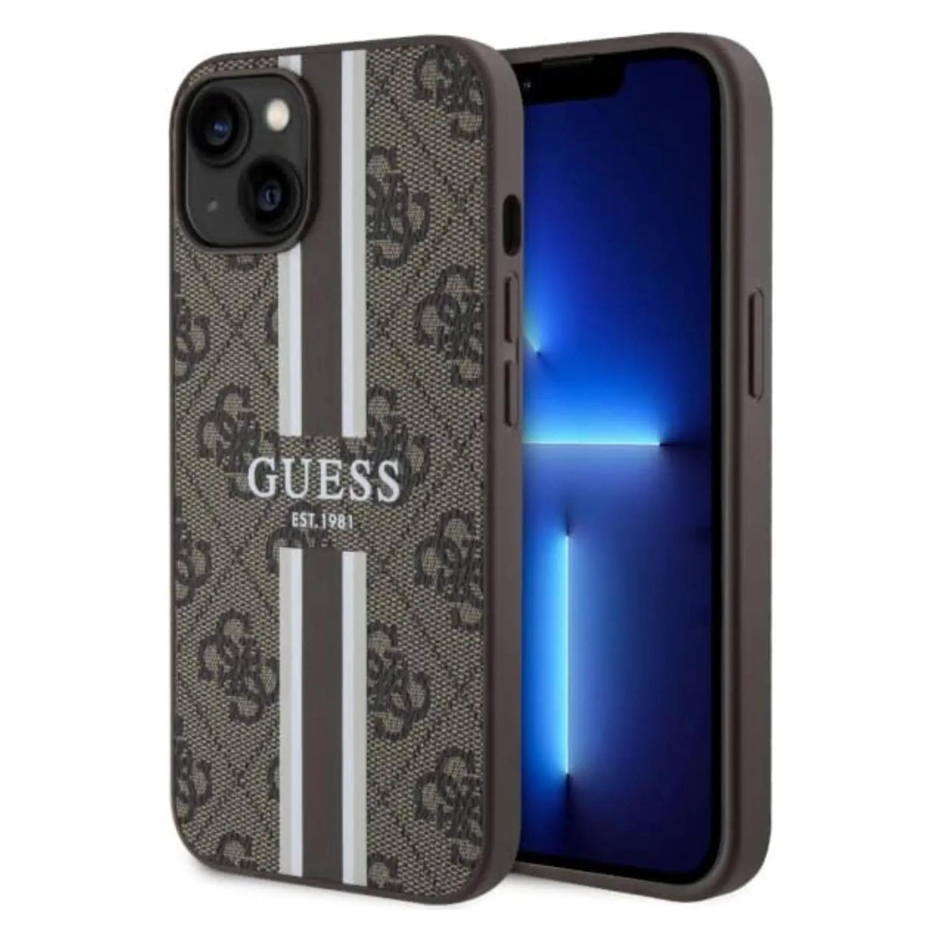 Guess GUHMP14SP4RPSW IPhone 14 6, 1" Brązowy/brown Hardcase 4G Printed Stripes MagSafe (Apple IPhone 14), Smartphone Hülle, Braun