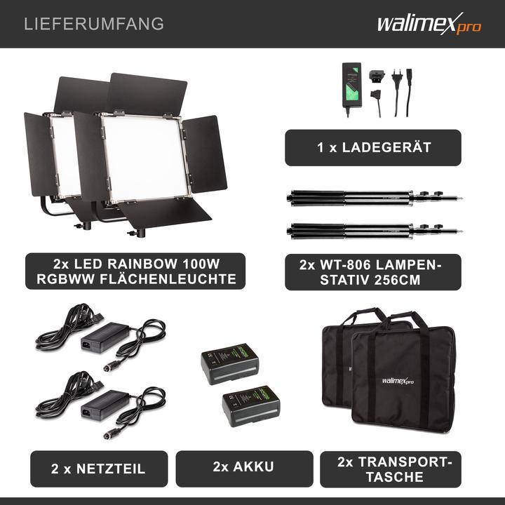 Produktbild Walimex pro pro 23069 LED Rainbow 100W RGBWW Set 4 (2x Rainbow 100W, 2x Lampenstativ GN-806, 2x V-Mount Akku... (Flächenleuchte, Studioleuchte, Videoleuchte)