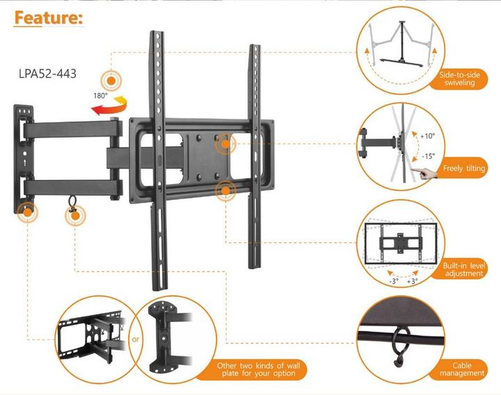 Actual product image equip Wall mount TV 32"-55" black swivel (Wall, 55", 35 kg)