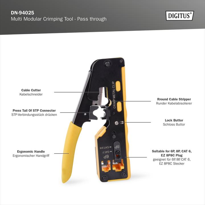 Produktbild Digitus Multimodulares Crimpwerkzeug Pass through geeignet für 6P,8P, CAT 7, EZ 8P8C Stecker (25 mm)
