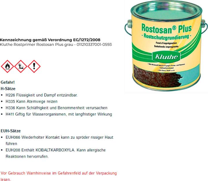 Nährwerte und Zutaten Kluthe Rostprimer RostosanÂ® Plus grau 750 ml Dose (750 ml, Grau)