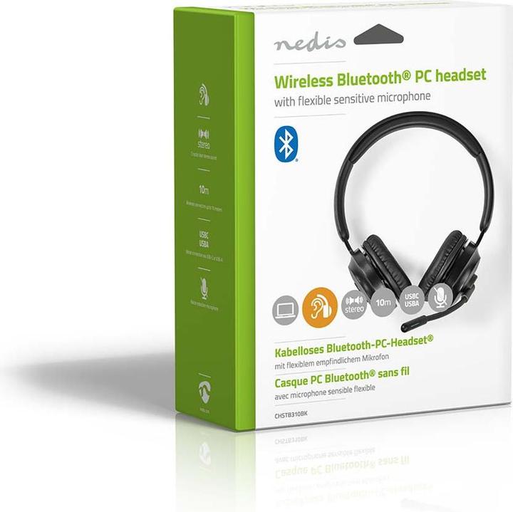 Image du produit Nedis Casque pour PC | Sur l'oreille | Stéréo | Bluetooth | Microphone pliable | Noir (Sans fil, USB-C)