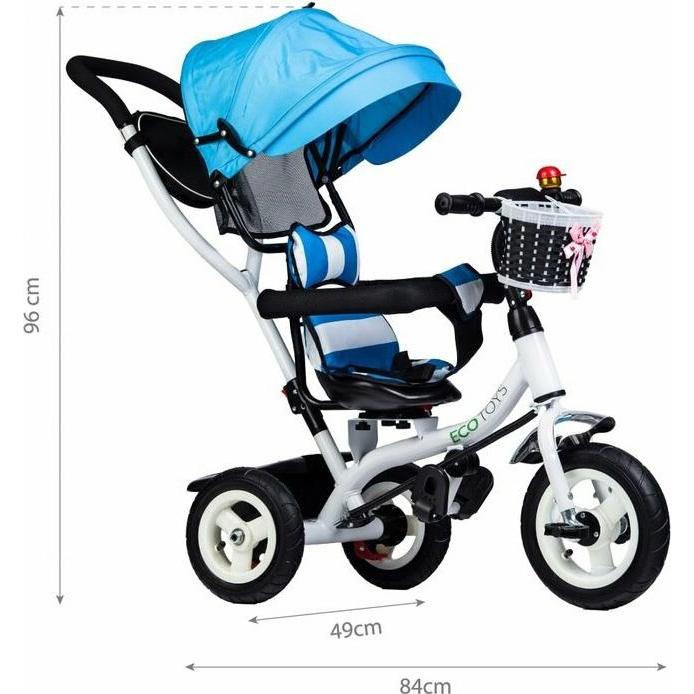 EcoToys Dreirad mit Dach und Führungsstange blau