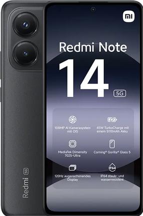Actual product image Xiaomi Redmi Note 14 5G (128 GB, Midnight Black, 6.67", Dual SIM, 5G)
