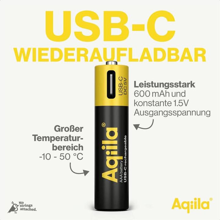 Produktbild Aqiila - USB-C Wiederaufladbare Batterie - AAA - 600 mAh - 4er-Pack (4 Stk., AAA, 600 mAh)