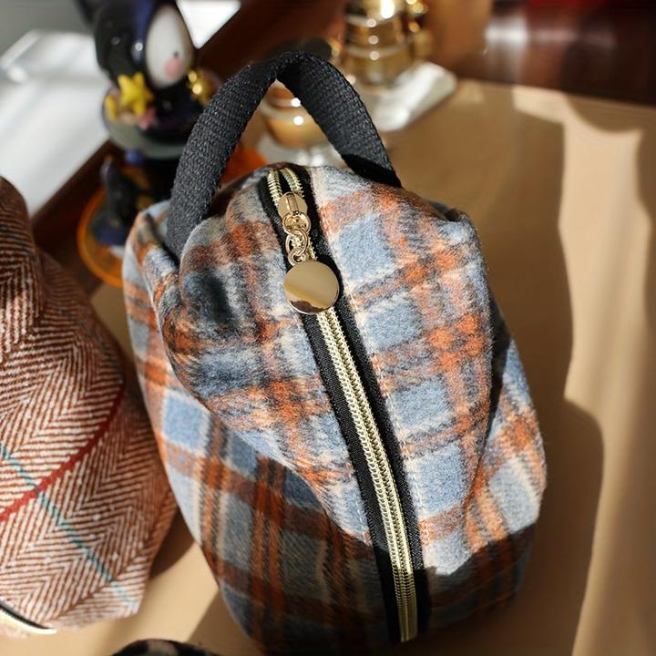 Actual product image Only-Bags.Store Plaid Woolen Cosmetic Bag - Spacious & Portable Makeup Organiser with Zipper, Foldable