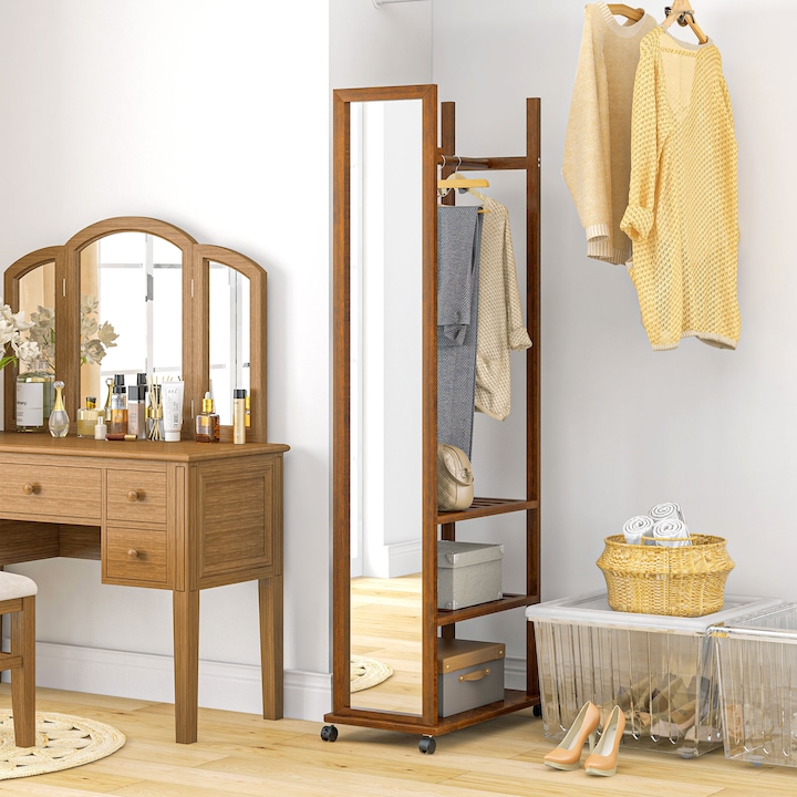 Produktbild Homcom Standspiegel mit Regal und Rollen (60 x 36 x 170 cm)