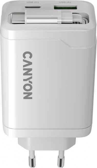Actual product image Canyon Adapter charger OnCharge 65RC Build-In Cable USB-C 65W 1xPD 1xQC EU White (65 W, 2 ports)