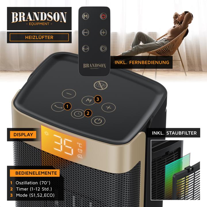 Image du produit Brandson Keramik Heizlüfter 2000W, 70° Oszillation, Kippschutz, Temperatureinstellung 10-35°C, schwarz/gold (2000 W)