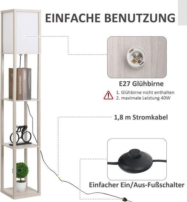 Actual product image Swisshandel24 Floor lamp Floor lamp with 3 shelves E27 up to 40W E1-MDF, acrylic oak+white 26 x 26 x 160 cm (E27)