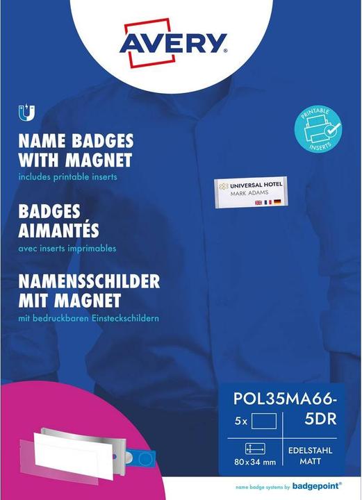 Actual product image Badgepoint POL35MA66-5DR Name badges, 74 x 34 mm, metal-coloured