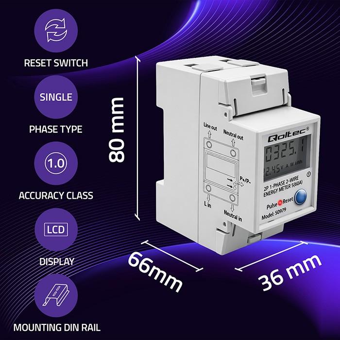 Actual product image Qoltec Single-phase electronic energy consumption meter for DIN rail