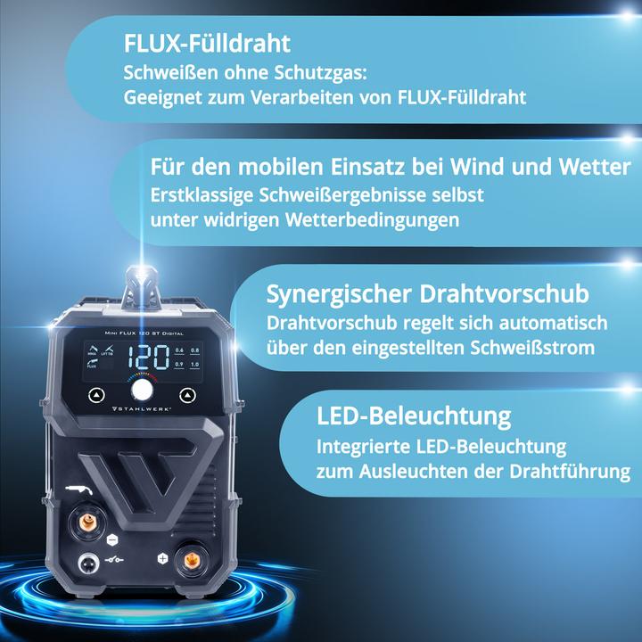 Produktbild Stahlwerk Schweissgerät FLUX 120 ST Digital Fülldraht MMA/ARC LIFT TIG Funktion