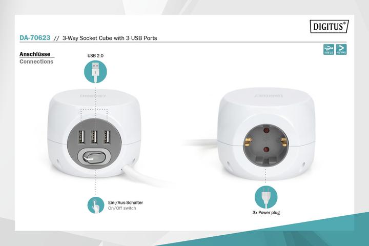 Image du produit Digitus Bloc multiprise cube à 3 prises avec 3 ports USB (3 x, CEE 7/4, 1.40 m)
