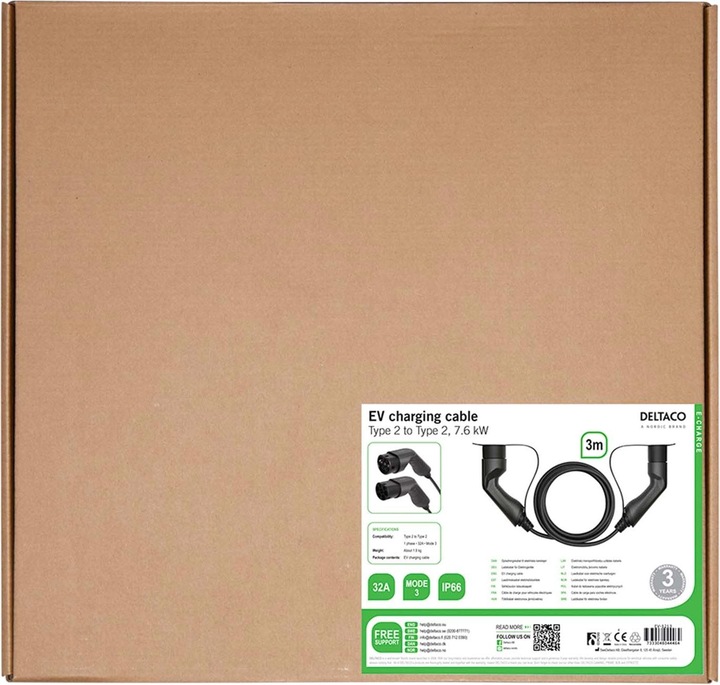 Actual product image Deltaco EV charging cable, e-car & hybrid, Type2 to Type2, 32 A, 7.6 kW, 1-phase (Type 1, 7.60 kW, 32 A, 3 m)