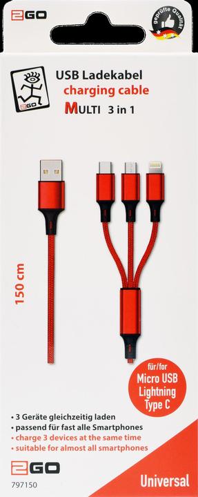 Image du produit 2GO 797150 Câble USB B USB C/Micro-USB B/Lightning (1.50 m)