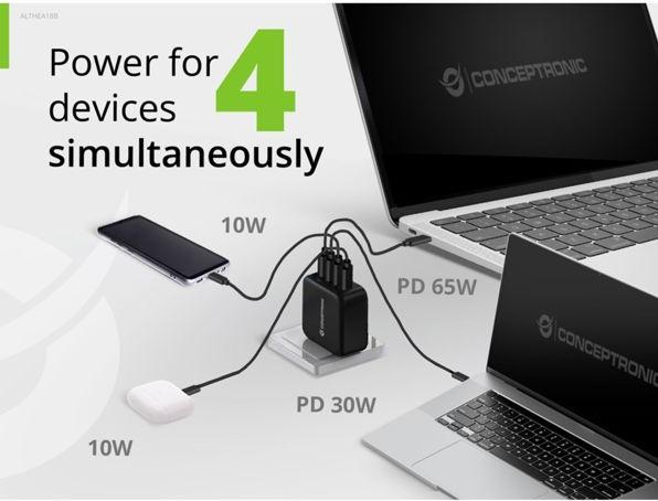 Produktbild Conceptronic Ladegerät 4Port 100W,3xUSB-C,3-in-1 USB-A PD sw (100 W, 4 Ports)