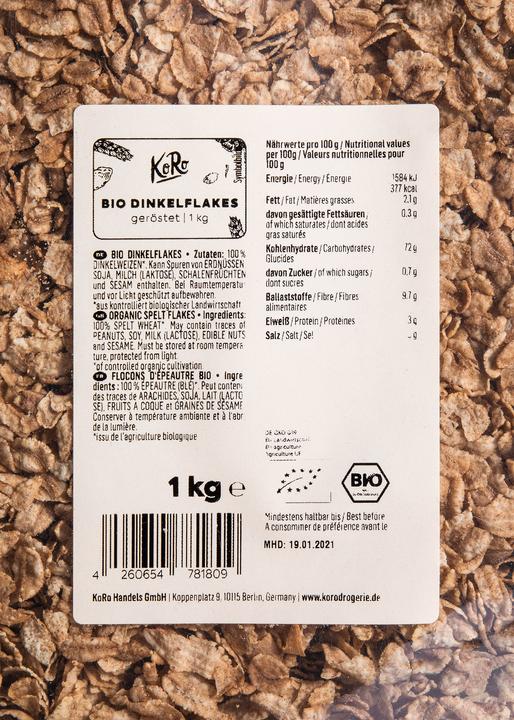 Valeurs nutritives et ingrédients KoRo Pétales d'épeautre bio (1000 g)