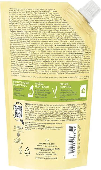 Nutritional values and ingredients A-Derma Exomega Control (500 ml)