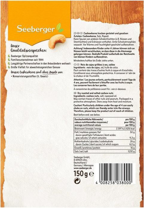 Nährwerte und Zutaten Seeberger Cashewkerne (150 g)