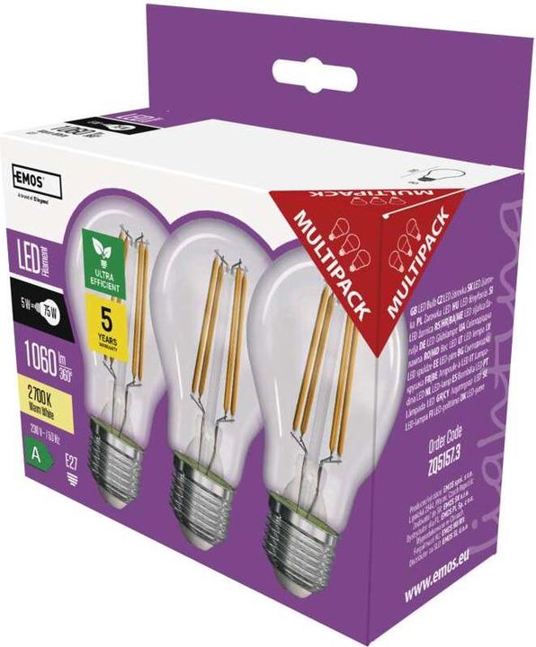 Produktbild Emos LED Lampe Filament A60 / E27 / 5 W (75 W) / 1 060 lm / Warmweiss (E27, 5 W, 1060 lm, 3 x, A)
