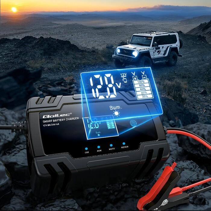 Produktbild Qoltec Mikroprozessor-Ladegerät 12V 8A 24V 4A LCD (12V, 24V, 8 A)