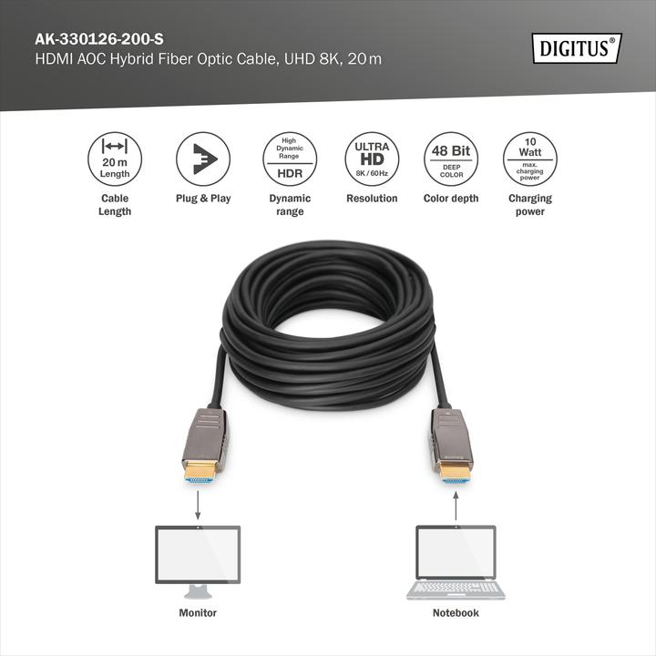 Actual product image Digitus HDMI AOC Hybrid Fiber Optic Cable, UHD 8K, 20 m (20 m, HDMI, 2.1)