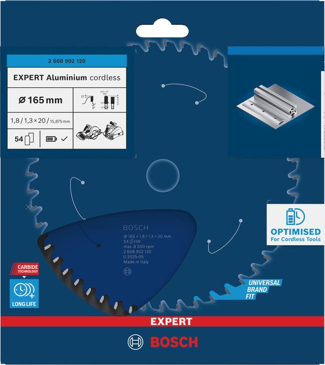 Actual product image Bosch Professional Zubehör Blau Zubehör 2608902120 EXPERT Kreissägeblatt Aluminium kabellos 165 x 1,8/1,3 x 20 mm T54