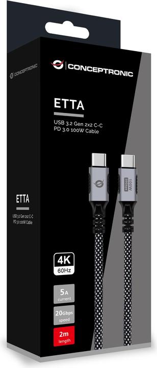 Produktbild Conceptronic Kabel USB-C 3.2 -> C PD3.0 2.00m 5A 4K60Hz sw (2 m, USB 3.2 Gen 2x2, 100 W)